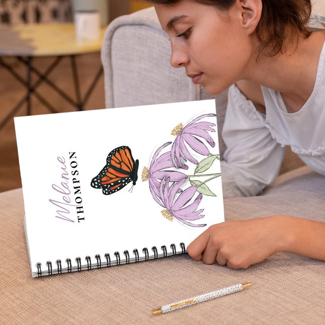 Carnet Aquarelle Florale Papillon personnalisé (Botanical butterfly with purple floral coneflowers Spiral notebook)