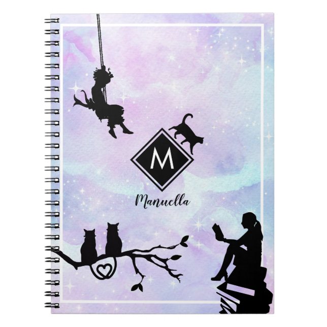 Carnet Aquarelle Galaxy Chat et filles Monogramme (Devant)