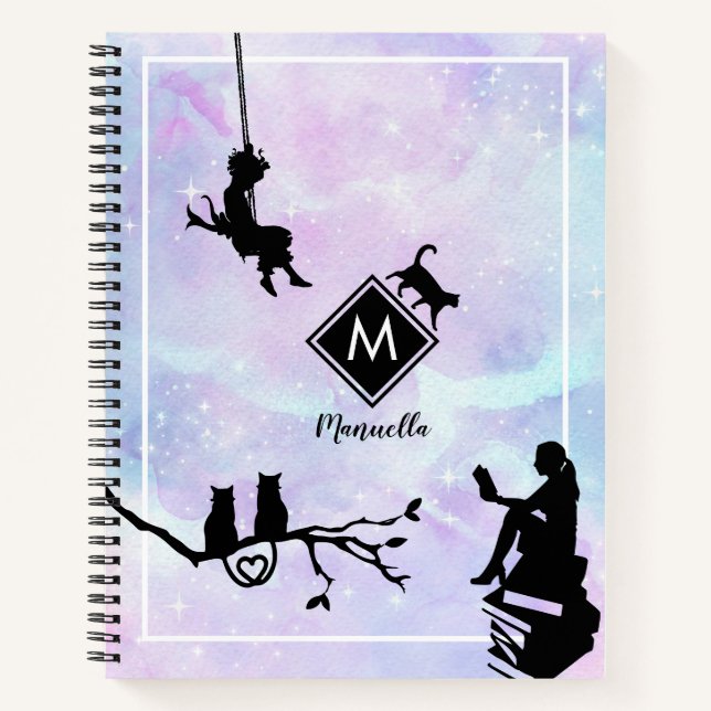 Carnet Aquarelle Galaxy Chat et filles Monogramme Noteboo (Devant)