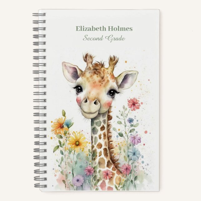 Carnet Aquarelle Giraffe mignonne aux fleurs (Recto)