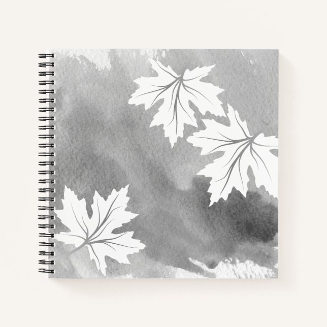 Carnet Aquarelle gris moderne et feuilles d'érable blanc (Devant)