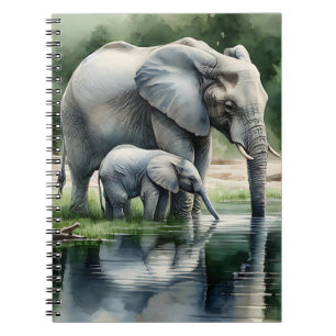 Carnet Aquarelle Illustration de maman et bébé éléphant