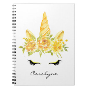 Carnet Aquarelle jaune Unicorne Floral Personnalisé