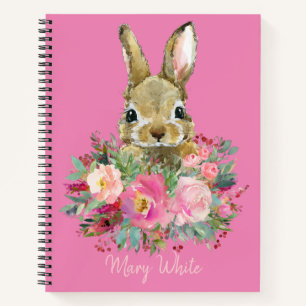 Carnet Aquarelle Lapin Rose Floral Cute Personnalisée