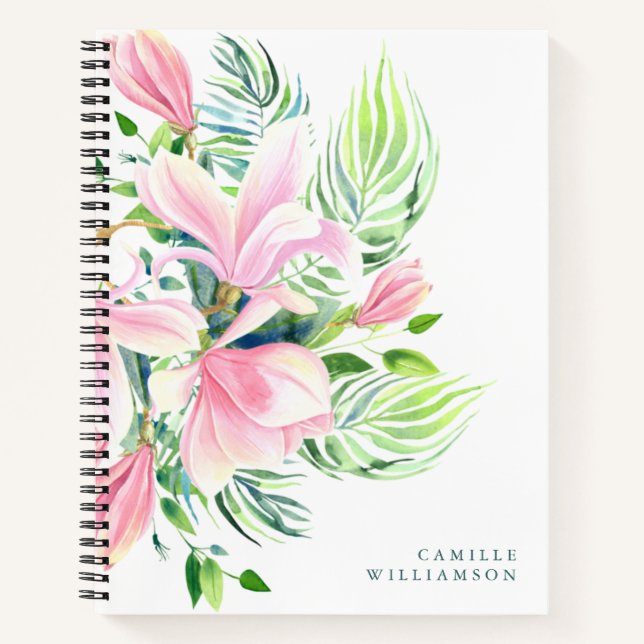 Carnet Aquarelle Magnolia Fleur en rose Personnalisé (Devant)
