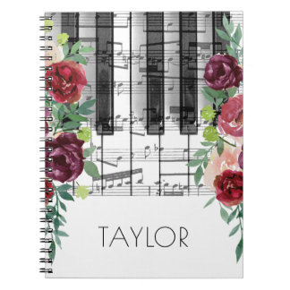 Carnet aquarelle marsala fleurs rouges piano musique
