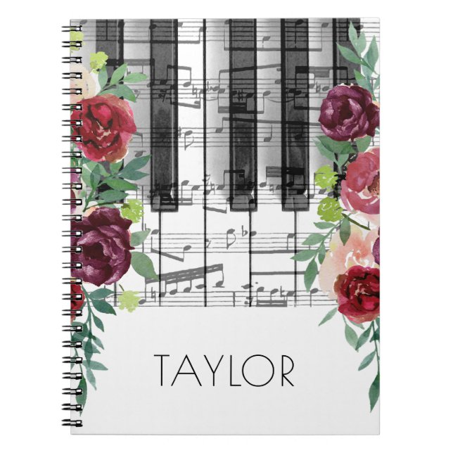 Carnet aquarelle marsala fleurs rouges piano musique (Devant)