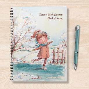 Carnet Aquarelle mignonne Girl Patinage sur glace Nom per