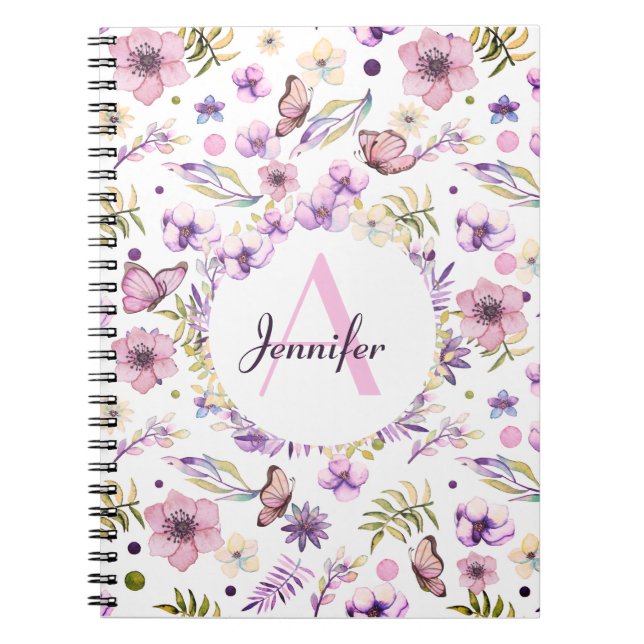 Carnet Aquarelle moderne Floral Monogramme Fille Blanc (Devant)