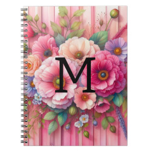 Carnet Aquarelle monogramme pastel fleurs sur bois rose