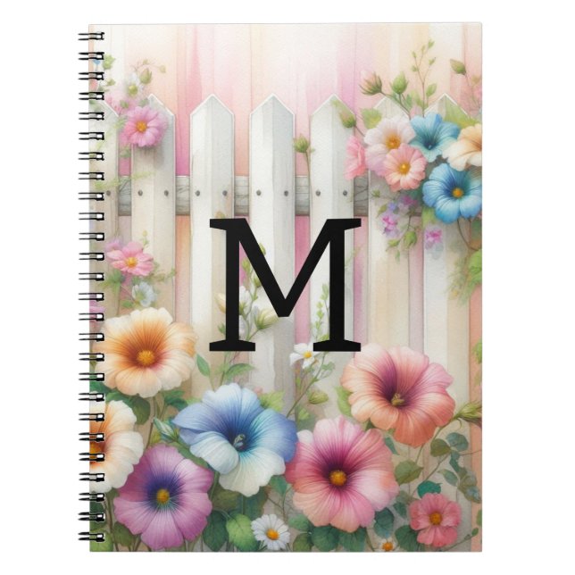 Carnet Aquarelle monogramme pastille fleurs sur bois blan (Devant)