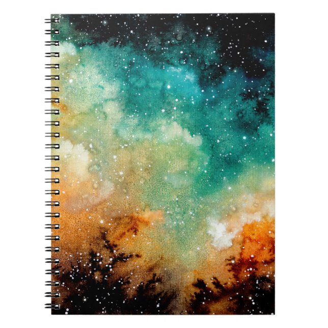 Carnet Aquarelle Nebula jaune vif, étoiles et noir (Devant)