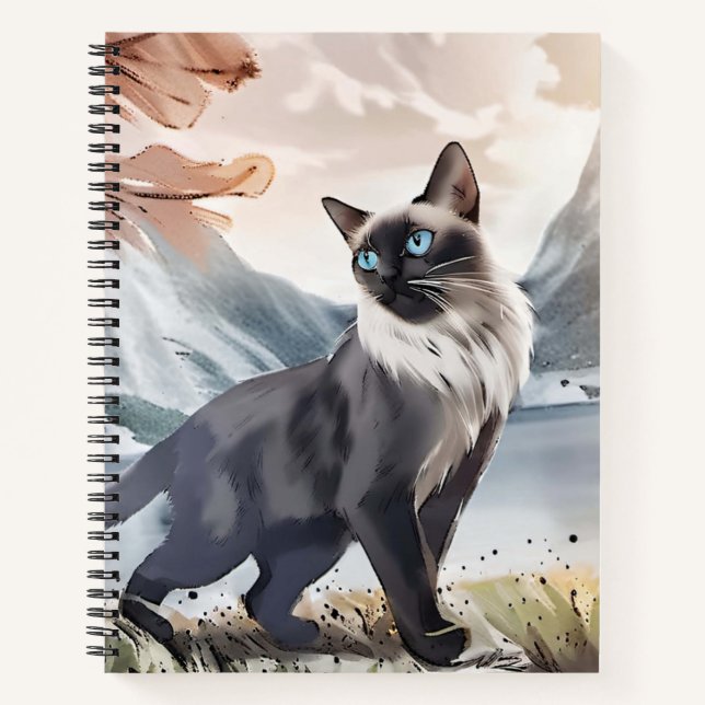 Carnet Aquarelle Noir et Blanc Fluffin Chat dans la natur (Devant)