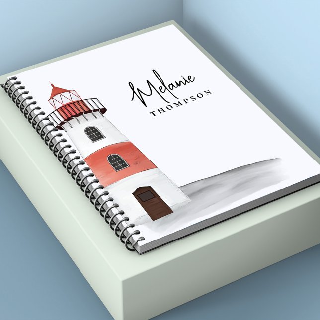 Carnet Aquarelle Nom personnalisé nautique (Watercolor nautical lighthouse black and red spiral notebook)