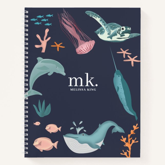 Carnet Aquarelle Océan Animaux marins Monogramme Bleu (Devant)