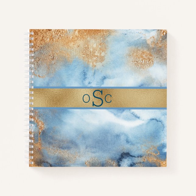 Carnet Aquarelle or bleu Abstrait Monogramme Esquisse (Devant)