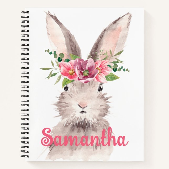 Carnet Aquarelle personnalisée Bunny fleurs roses nom (Devant)