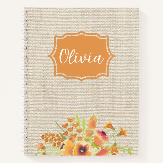 Carnet Aquarelle personnalisée Fleurs orange sur Burlap (Devant)