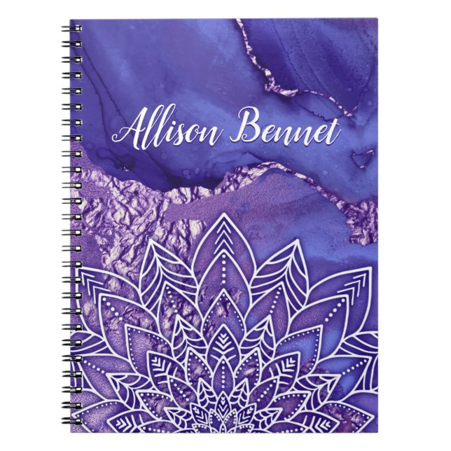 Carnet Aquarelle personnalisée violet blanc Mandala (Devant)
