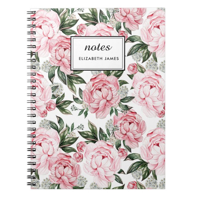 Carnet Aquarelle Pink Peonies Floral Motif chic Personnal (Devant)