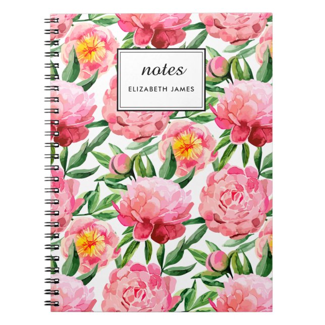Carnet Aquarelle Pink Peonies Floral Motif chic Personnal (Devant)