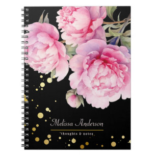 Carnet aquarelle Pivoines floral Élégant Noir Or