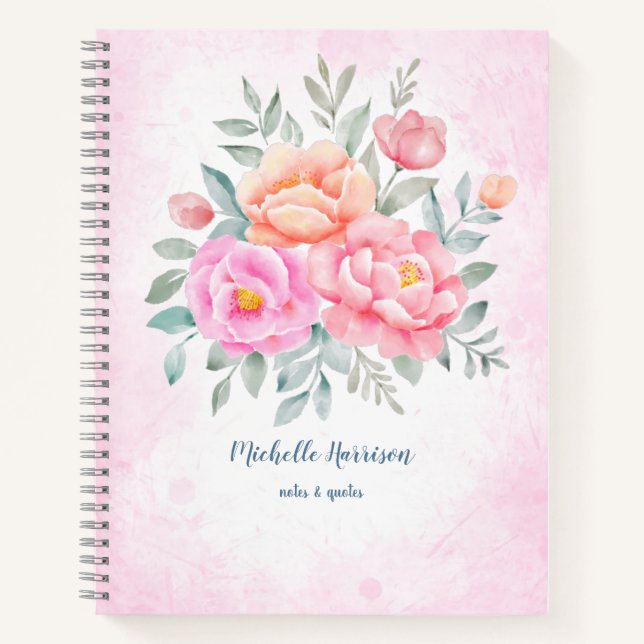 Carnet Aquarelle pivoines Rose rose Pêche florale (Devant)