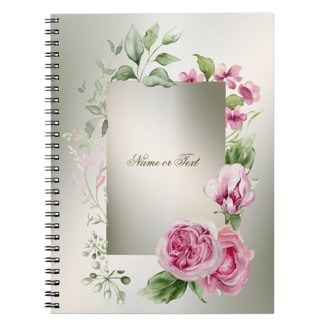Carnet Aquarelle rose cadre floral brillant Bronze élégan (Devant)