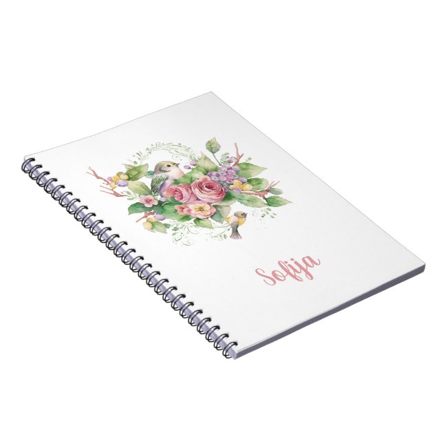 Carnet Aquarelle Rose de fleurs d'oiseaux (Côté Droit)