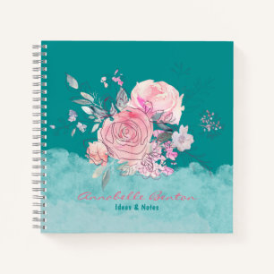 Carnet Aquarelle rose fleurie turquoise élégant votre nom