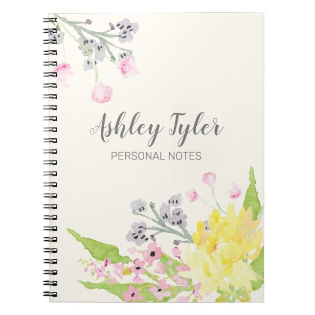 Carnet Aquarelle rose floral girly mignon personnalisé (Devant)