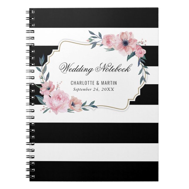 Carnet Aquarelle rose Floral noir Mariage rayé (Devant)