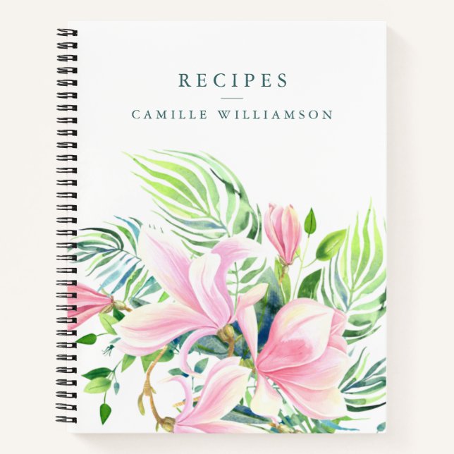 Carnet Aquarelle rose Magnolia Fleur Nom personnalisé Rec (Devant)