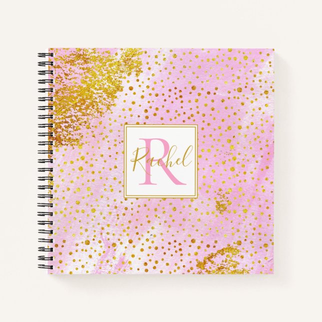 Carnet Aquarelle rose, monogramme de confetti or (Devant)