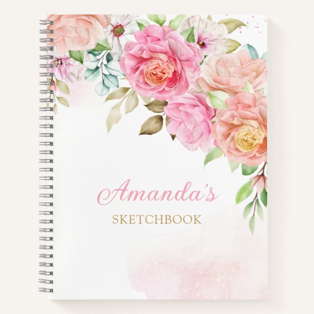 Carnet Aquarelle rose monogramme Fille florale personnali (Devant)