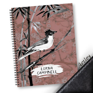 Carnet Aquarelle rose Oiseau Bambou Nom personnalisé
