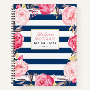Carnet Aquarelle rose or Floral Marine Bleu rayures