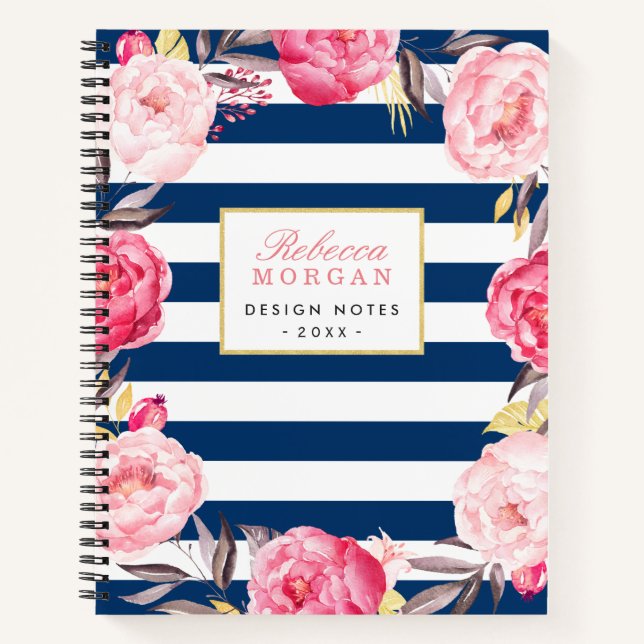 Carnet Aquarelle rose or Floral Marine Bleu rayures (Devant)