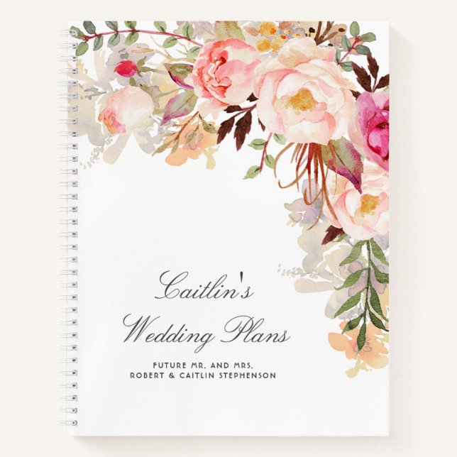 Carnet Aquarelle rose pâle Fleurs Élégant Plan de mariage (Devant)
