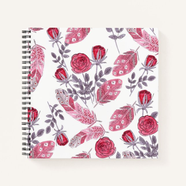 Carnet Aquarelle rose roses plumes blanc (Devant)