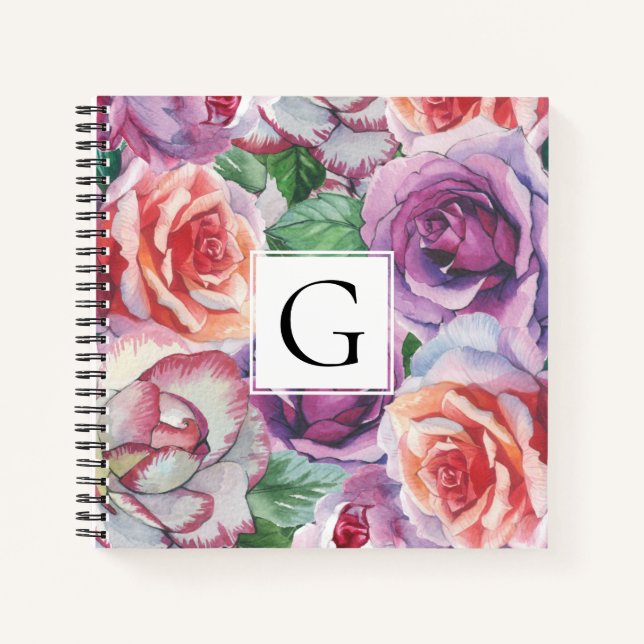 Carnet Aquarelle roses et cadre avec monogramme floral (Devant)