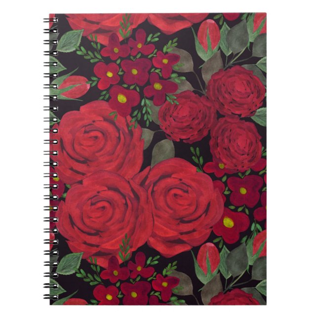 Carnet Aquarelle rouge roses sur le noir, (Devant)