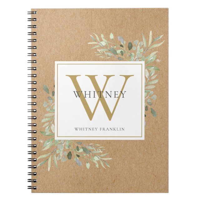 Carnet Aquarelle rustique Verdure Monogramme Nom (Devant)