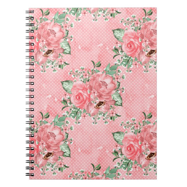 Carnet Aquarelle Shabby Chic Roses roses et points noirs (Devant)