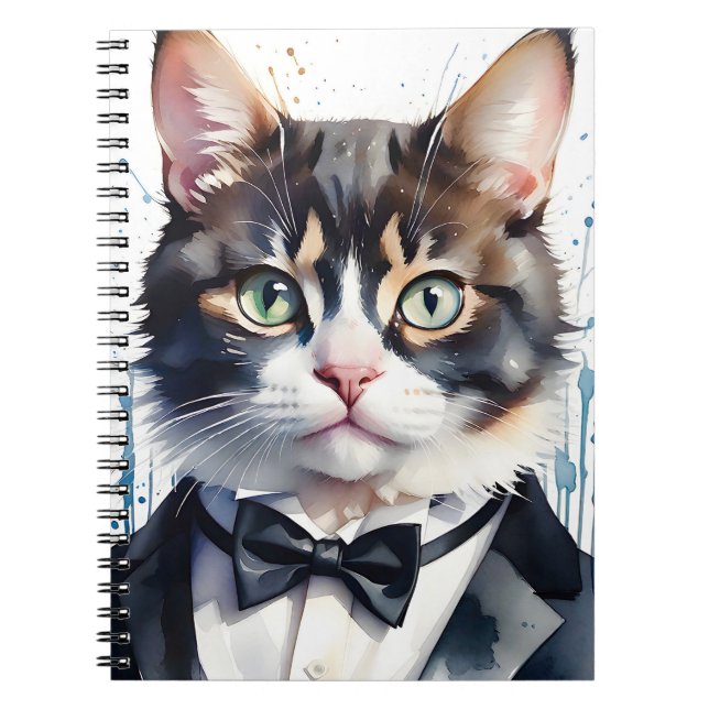 Carnet Aquarelle Tabby Cat dans une Cravate Tuxedo et Bla (Devant)