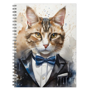 Carnet Aquarelle Tabby Cat dans une Cravate Tuxedo et Blu