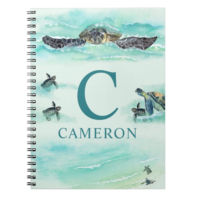 Carnet Aquarelle Tortue de mer Monogramme Nom Turquoise (Devant)