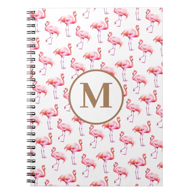 Carnet Aquarelle tropicale Flamant rose rose Or initial (Devant)