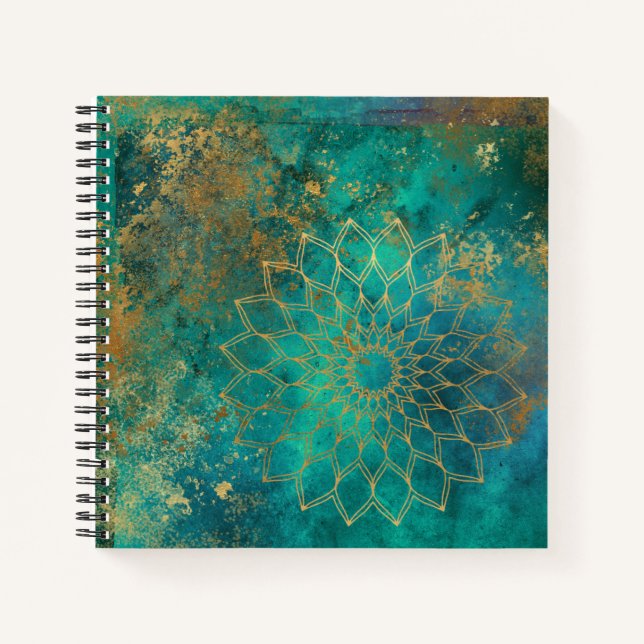 Carnet Aquarelle Turquoise Abstraite Grunge d'or Mandala (Devant)