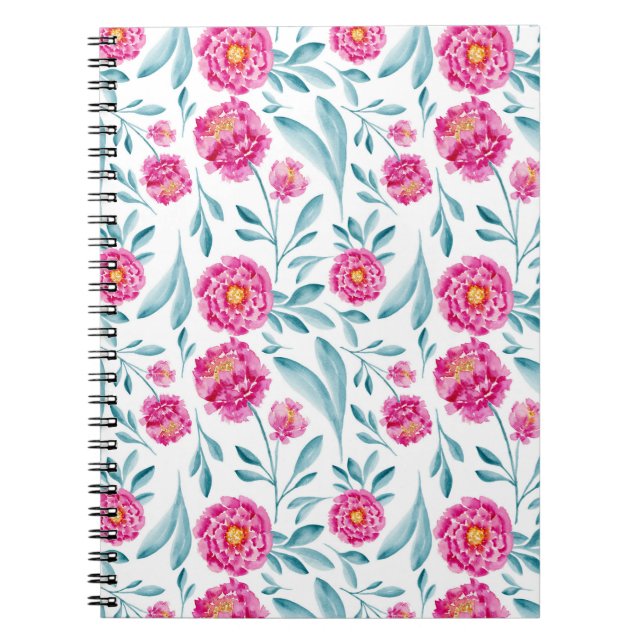 Carnet Aquarelle Turquoise rose vif Motif Floral été (Devant)
